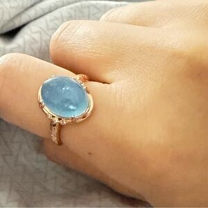 Natural Oval Blue Aquamarine Rose Gold Metal Adjustable Ring